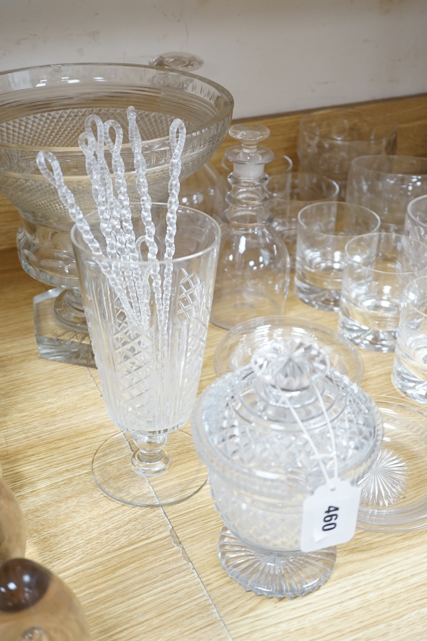 A collection of glassware to include a set of six tumblers, a large centrepiece and two decanters, largest 25cm high. Condition - poor to fair